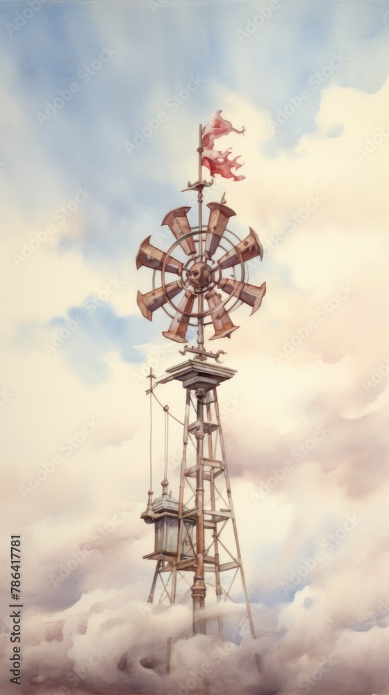 A detailed watercolor painting of a weather vane spinning in a brisk wind, set against a backdrop of rapidly changing skies A detailed watercolor painting of a weather vane spinning in a brisk wind, set against a backdrop of rapidly changing skies