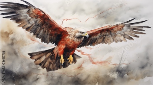An enchanting watercolor of a bright red kite dancing in the wind against a stormy gray sky © Pungu x