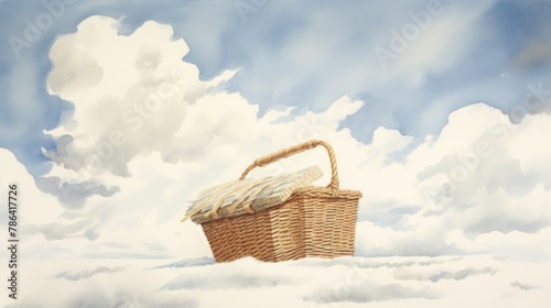 A charming watercolor of a picnic basket adrift in a breezy sky, evoking thoughts of leisure and relaxation