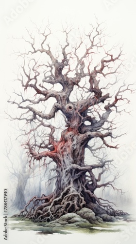 A haunting watercolor illustration of an ancient tree stretching its branches into an overcast sky © Pungu x