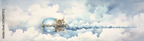 A hopeful watercolor of a message in a bottle soaring high above the clouds, searching for its recipient photo