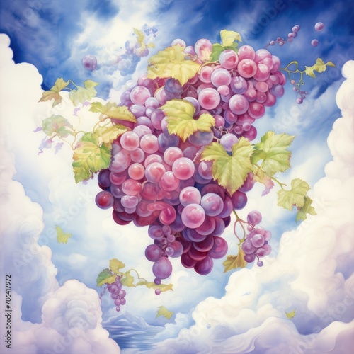 A joyful watercolor scene of a bunch of grapes floating among clouds, whimsically merging concepts of sky and vineyards © Pungu x