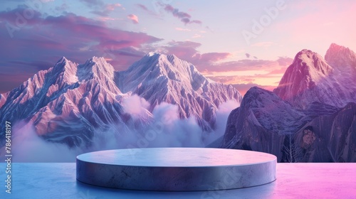 Podium for product demonstration, mesmerizing beautiful mountains in the background, saturated colors, bright picture photo