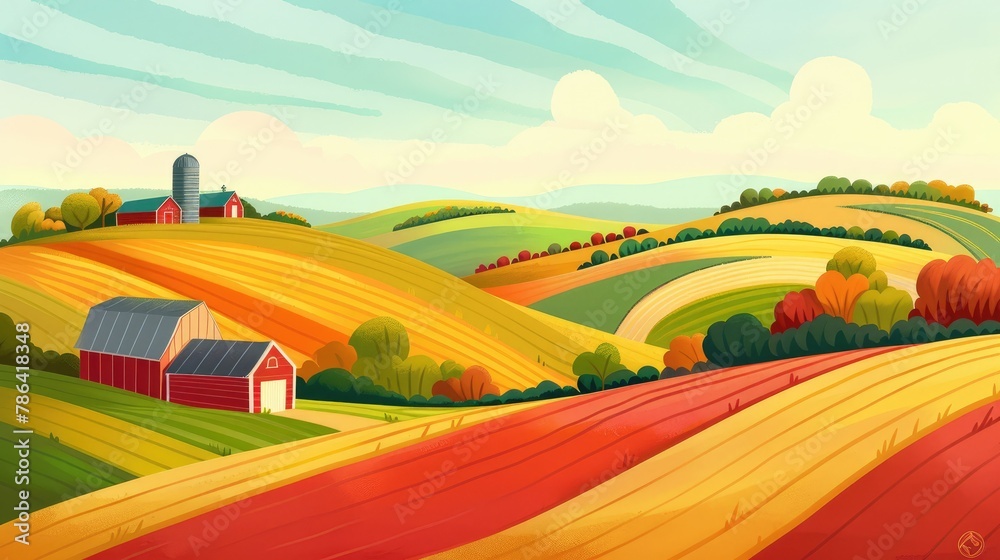 custom made wallpaper toronto digital
Serene rural farm landscape with hills Colorful fields, red barns and raster illustrations