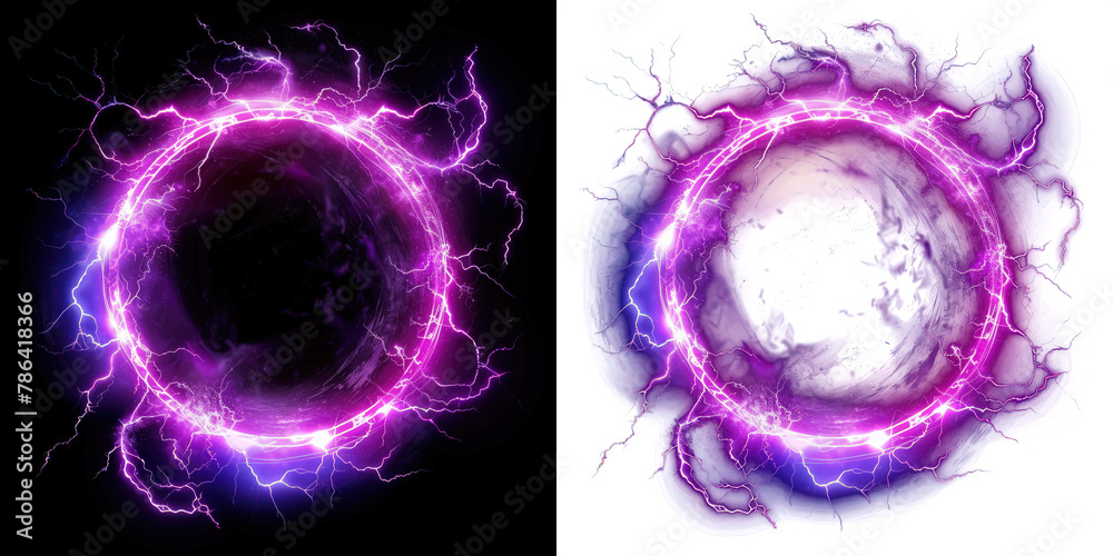 © id512 - glowing electric green lightning round frame with plasma portal, isolated on transparent layer overlay or black background