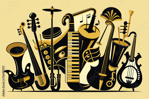An exquisite ensemble of black music instruments, showcasing a harmonious blend of craftsmanship and artistry