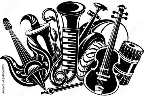 An exquisite ensemble of black music instruments, showcasing a harmonious blend of craftsmanship and artistry