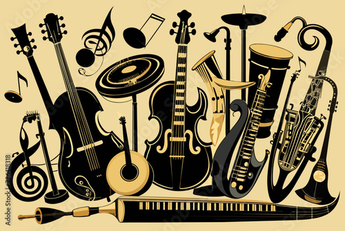 An exquisite ensemble of black music instruments, showcasing a harmonious blend of craftsmanship and artistry