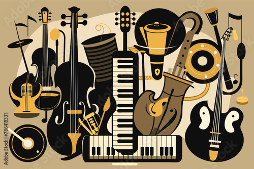 An exquisite ensemble of black music instruments, showcasing a harmonious blend of craftsmanship and artistry
