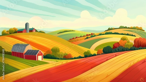 
Serene rural farm landscape with hills Colorful fields, red barns and raster illustrations