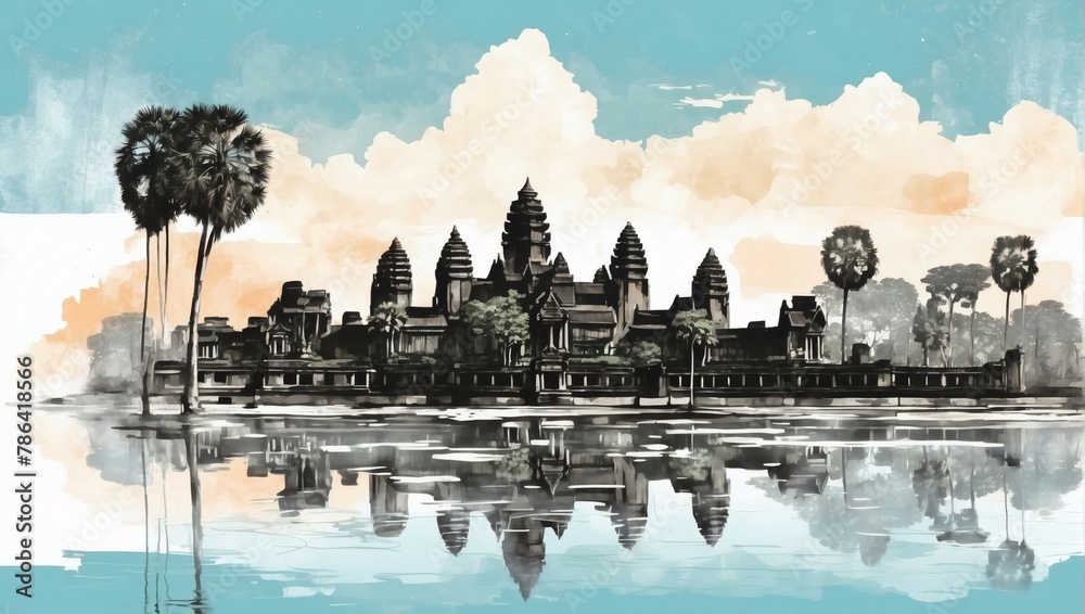 Angkor Wat and Siem Reap cityscape double exposure contemporary style minimalist artwork collage illustration.
