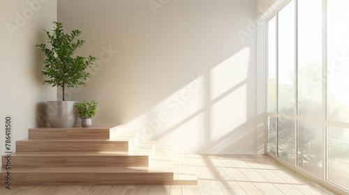 Minimalist beige stairs in a stylish Scandinavian-themed lounge with a panoramic window view.