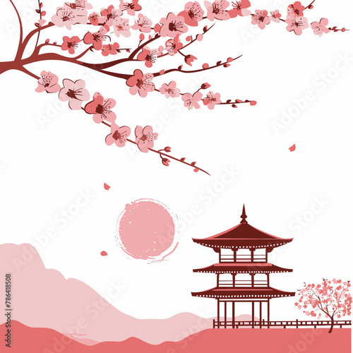 a chinese pagoda with cherry blossoms in the foreground