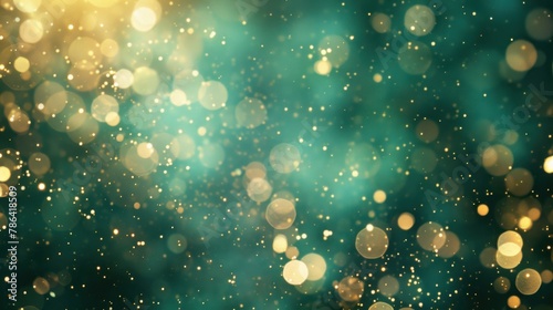 Abstract blur bokeh banner background with golden lights on emerald green.