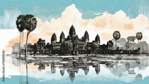 Angkor Wat and Siem Reap cityscape double exposure contemporary style minimalist artwork collage illustration.