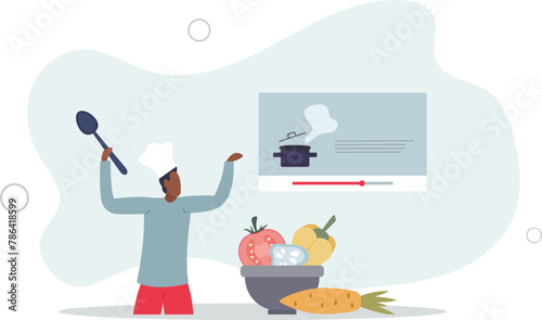 Online cooking classes for meal preparation learning.flat vector illustration.