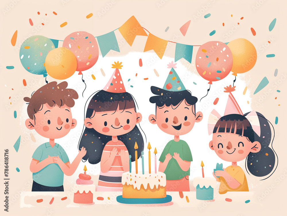 A group of happy children at a birthday party in a cartoon style with soft A group of happy children at a birthday party in a cartoon style with soft