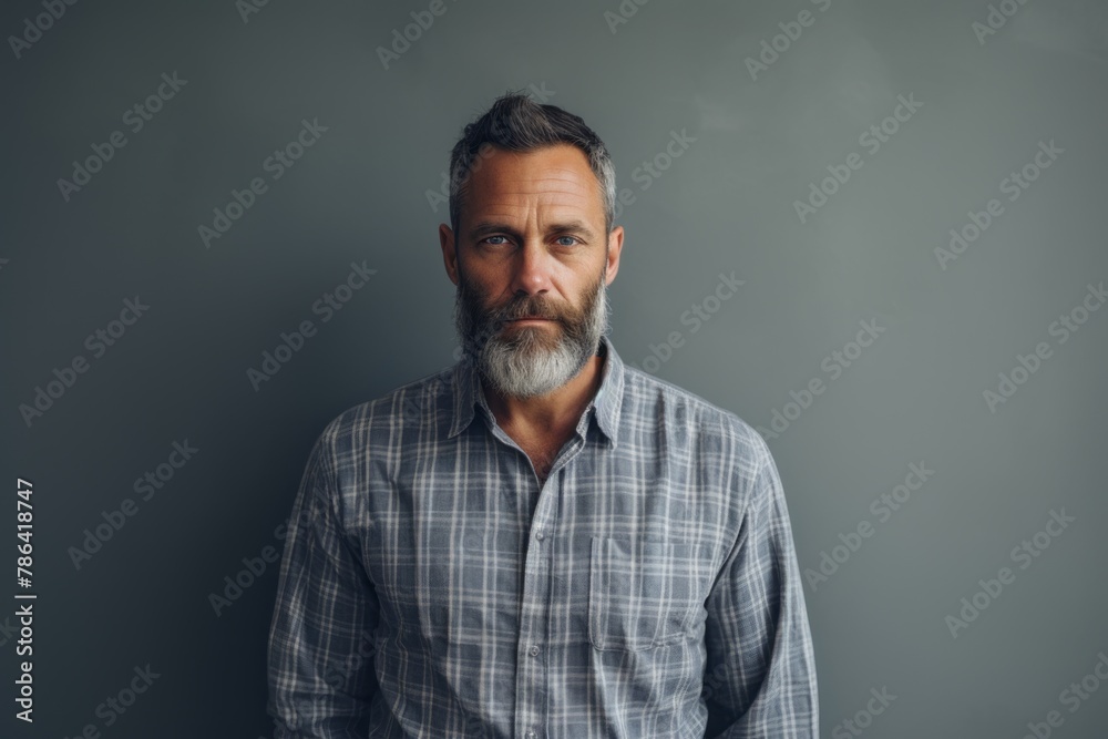 Portrait of a content man in his 40s wearing a comfy flannel shirt in front of modern minimalist interior Portrait of a content man in his 40s wearing a comfy flannel shirt in front of modern minimalist interior