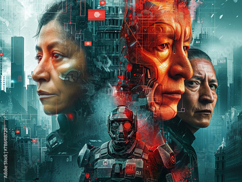 A film-themed poster for an AI conglomerate featuring "AI" and software development as main roles