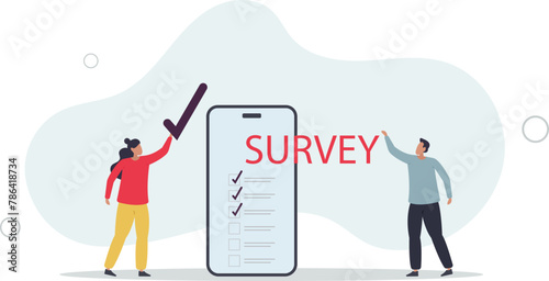 Online survey questionnaire, using mobile or smartphone to fill in online survey checklist.flat vector illustration.