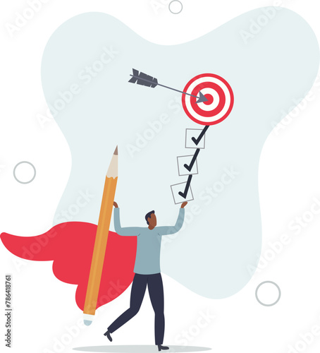 businessman superhero finish task checklist to achieve work target.flat vector illustration.