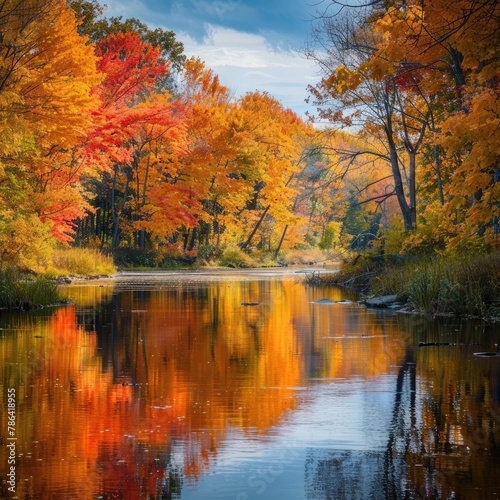 Serene river reflecting the brilliant fall colors from surrounding trees