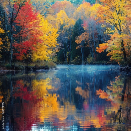 Serene river reflecting the brilliant fall colors from surrounding trees