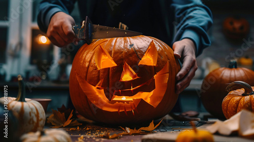 Person carving Halloween pumpkin photo