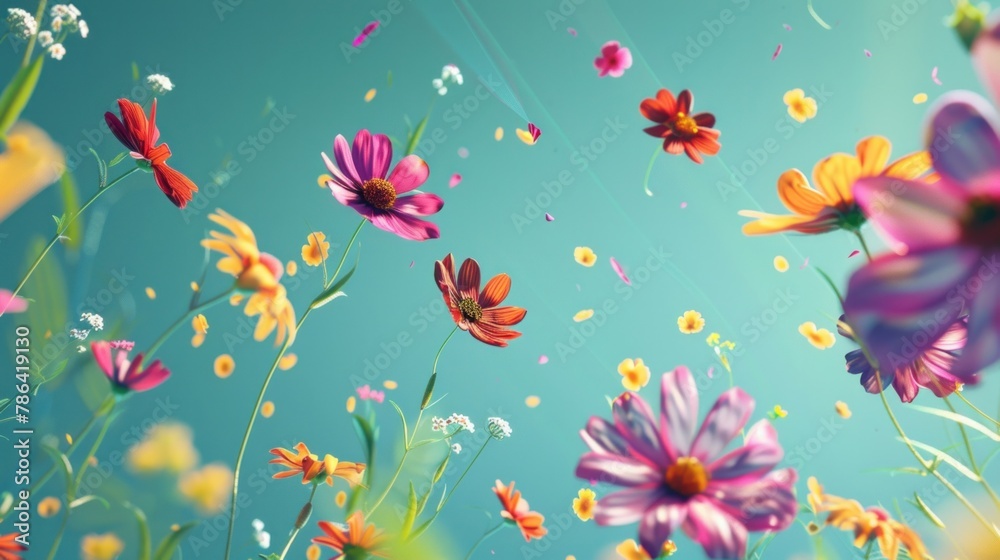 Fresh Colorful Flowers Flying on Blue-Green Background