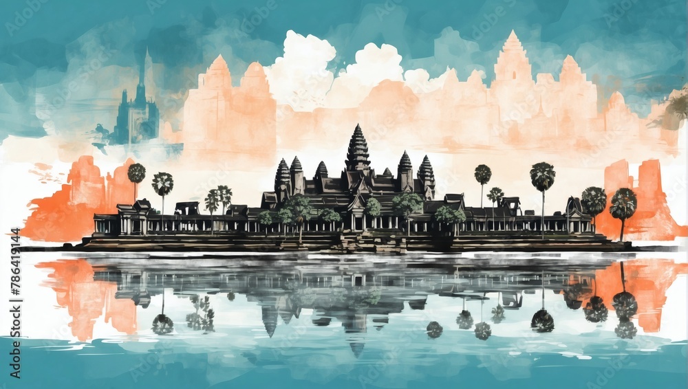 Fototapeta premium Angkor Wat and Siem Reap cityscape double exposure contemporary style minimalist artwork collage illustration.