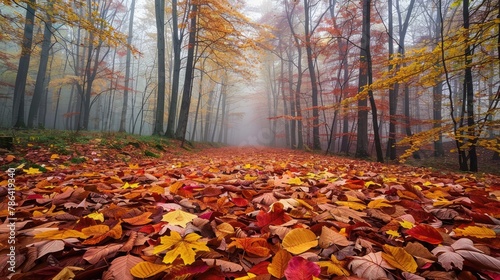 Foggy morning in a forest with colorful autumn leaves on the ground