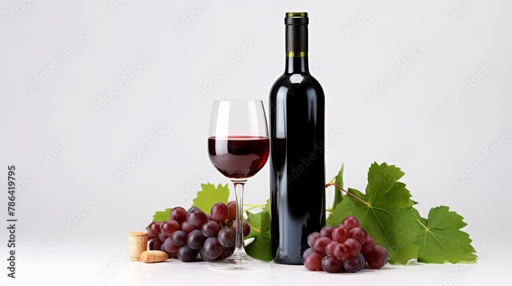 bottle and glass of red wine with grapes on a white background
