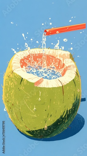 Dynamic image capturing the moment of impact as a coconut breaks open, releasing a splash of fresh coconut water photo