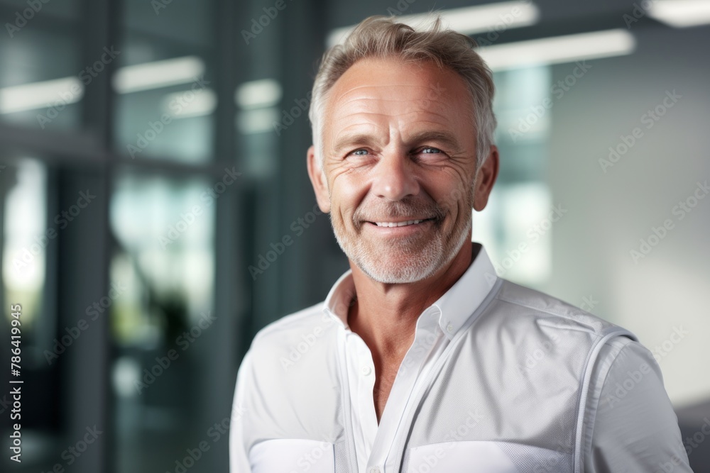 Portrait of a smiling man in his 50s dressed in a breathable mesh vest isolated on modern minimalist interior Portrait of a smiling man in his 50s dressed in a breathable mesh vest isolated on modern minimalist interior