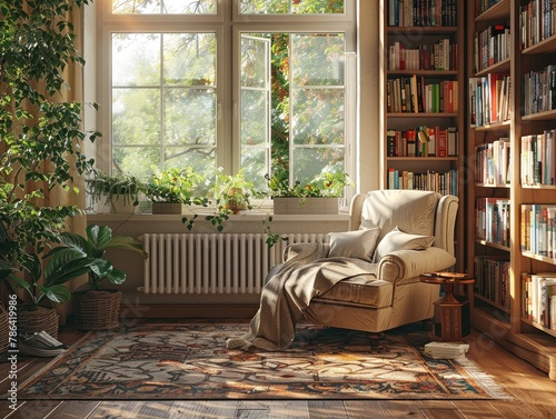 A cozy reading nook nestled in the corner of a sunlit room, with a comfortable armchair bathed in warm, golden light literary haven Soft, diffused illumination creates the perfect settings