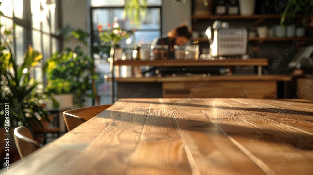 Relaxation lounge in a co-working building with an empty wooden table, chairs, and a barista serving organic drinks in the blurred background.