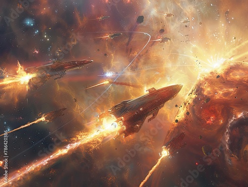 A dramatic space battle with starships engaged in fierce combat amid swirling nebula clouds and distant galaxies interstellar conflict Laser blasts and explosions light up the void of space as rival