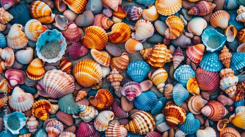 Colorful seashells in a big pile spread out, photographed from above - decorative pattern background