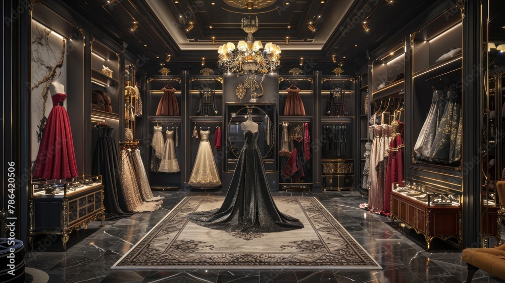 Envision a luxury modern shop boutique, showcasing an array of elegant formal dresses for sale, perfect for various occasions and events.