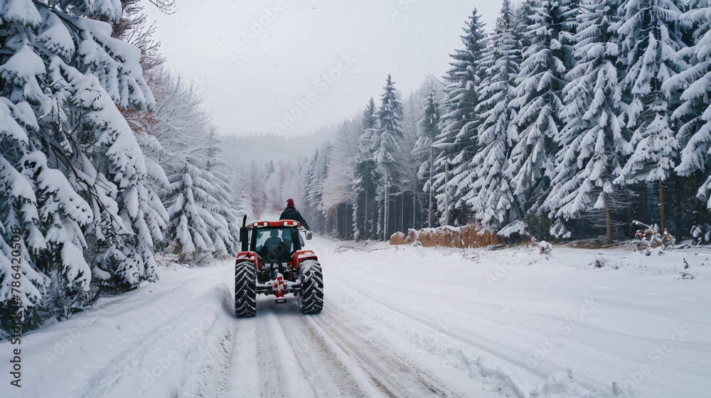 Person pushing tractor stuck in snow by the road 