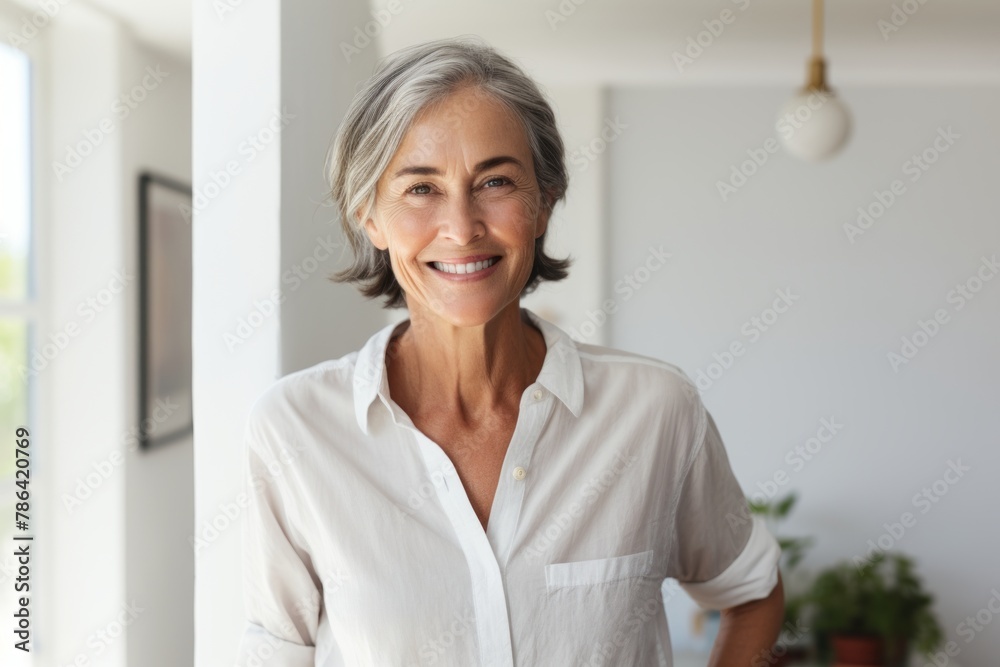 Portrait of a smiling woman in her 60s sporting a breathable hiking shirt while standing against modern minimalist interior