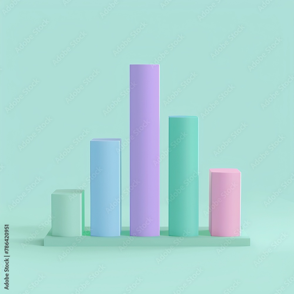 A 3D rendering of a bar graph with five bars in pastel colors on a pastel green background. A 3D rendering of a bar graph with five bars in pastel colors on a pastel green background.