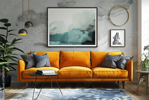Mockup poster frame above a Mid-Century Modern Sofa in aliving roomhyperrealistic shot, modern interior scanidavian style