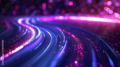 Flowing curves and particles 3D rendering, abstract blue modern background