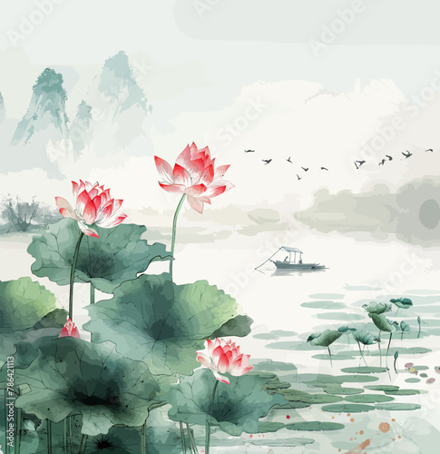 a painting of water lilies and a boat on a lake