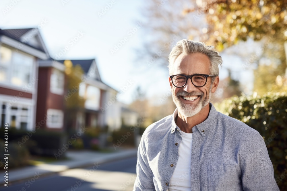 Obraz premium Portrait of a happy man in his 60s dressed in a relaxed flannel shirt over modern minimalist interior