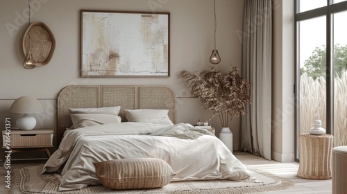 Modern Bedroom Interior in Soft Beige Tones with Natural Decorations © Postproduction