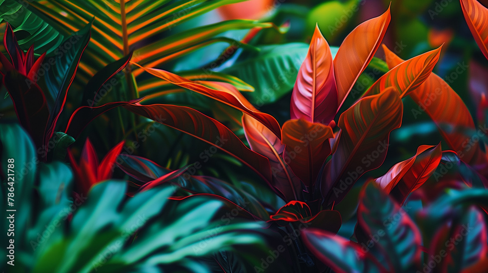 Lush tropical leaves background with vibrant dark green and crimson ...