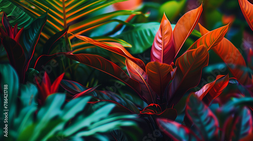 Lush tropical leaves background with vibrant dark green and crimson foliage. photo