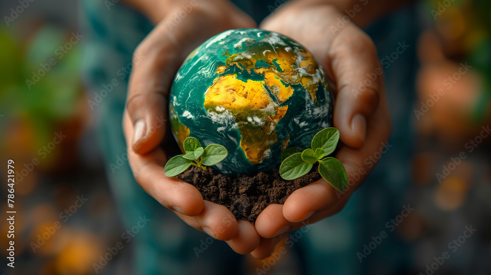 Hands holding green planet earth with young plants, representing global conservation efforts. Earth Day and eco-friendly concept. Hands holding green planet earth with young plants, representing global conservation efforts. Earth Day and eco-friendly concept.